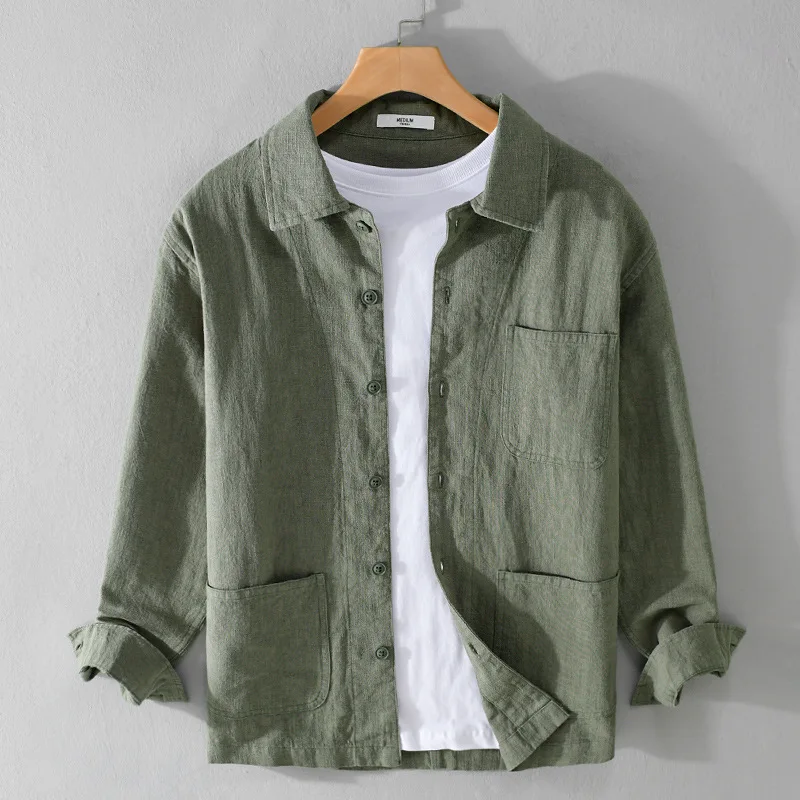 

Chinese Collar Linen irt Jaet Men's Spring 2024 Retro National Trend Cotton Linen Long Sve irt Linen Top