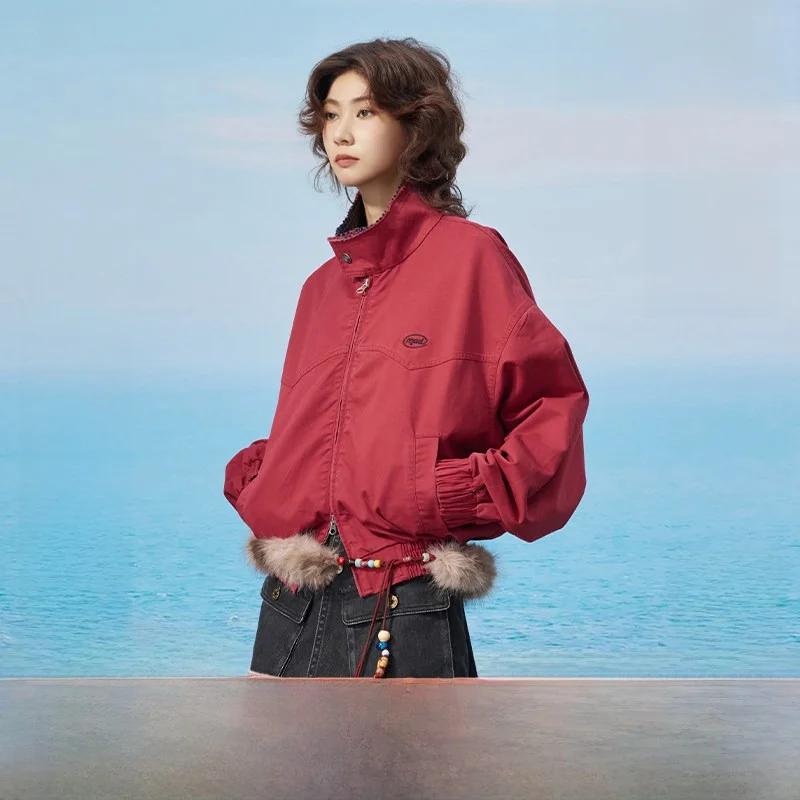 

Maood Waed Cotton Plaid ort Jaet Women's Loose Fit Breathable Stand Collar Red Worksite Diagonal Stripe Outerwear