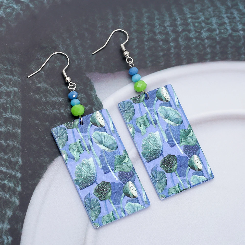 Fashion Green Blue Lotus Flower 3D Print Acrylic Women\'s Earrings Vintage Style Clothing Accessories Elegant Aesthetic Jewelry