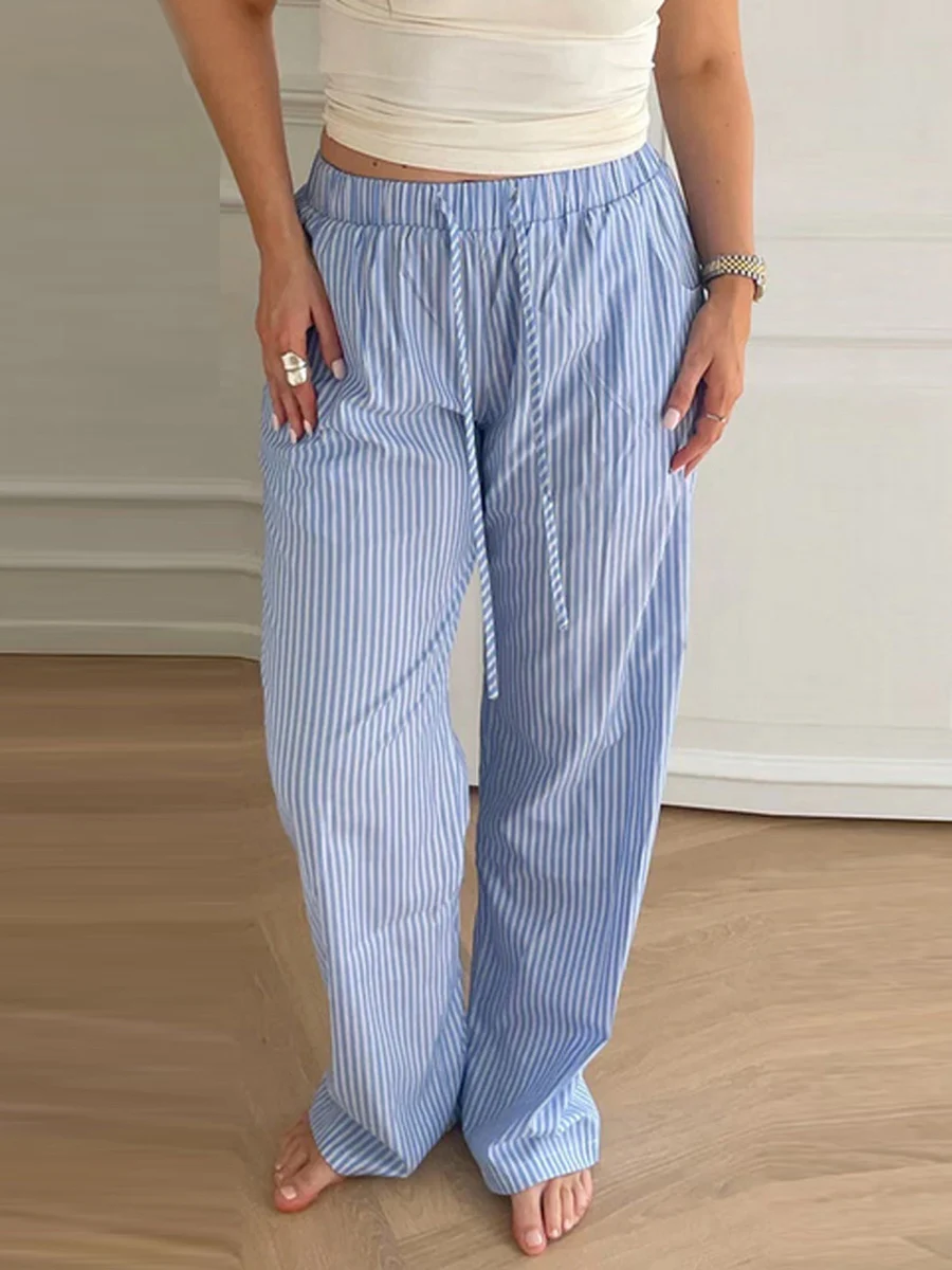 

FUFUCAILLM Women Retro Casual Striped Print Pants Drawstring Elastic Waist Loose Pants Trouser Aesthetic Bottoms Streetwear 2024