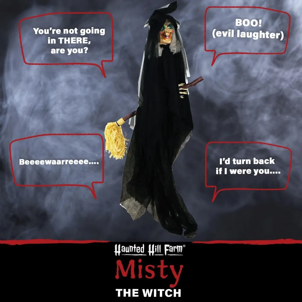 Witch on Broom Animatronic, Halloween Prop with 4 Voice Greetings, Animated Head, Flashing Red Eyes, Touch Activated