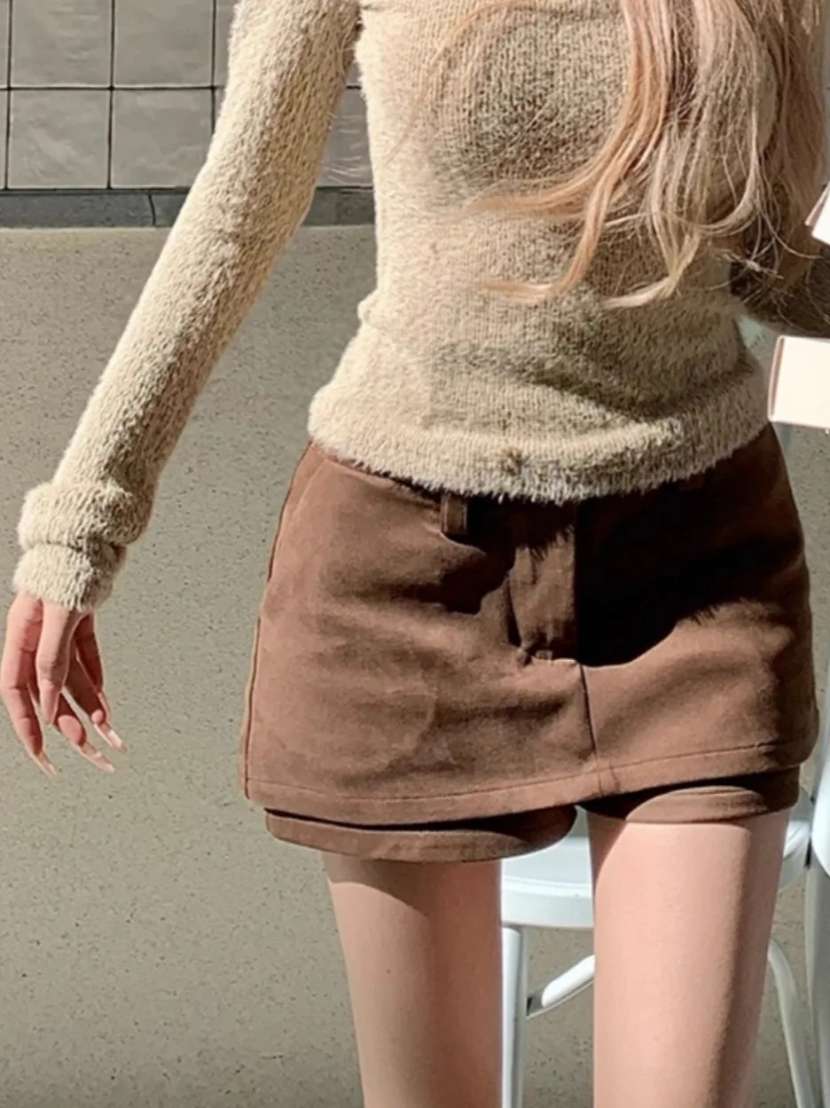 

High Waist A-Line Skirt Coffee Color Women's Base Layer Inner Wear Spring Autumn Seasonal Warm Commute Style Zipper Closure