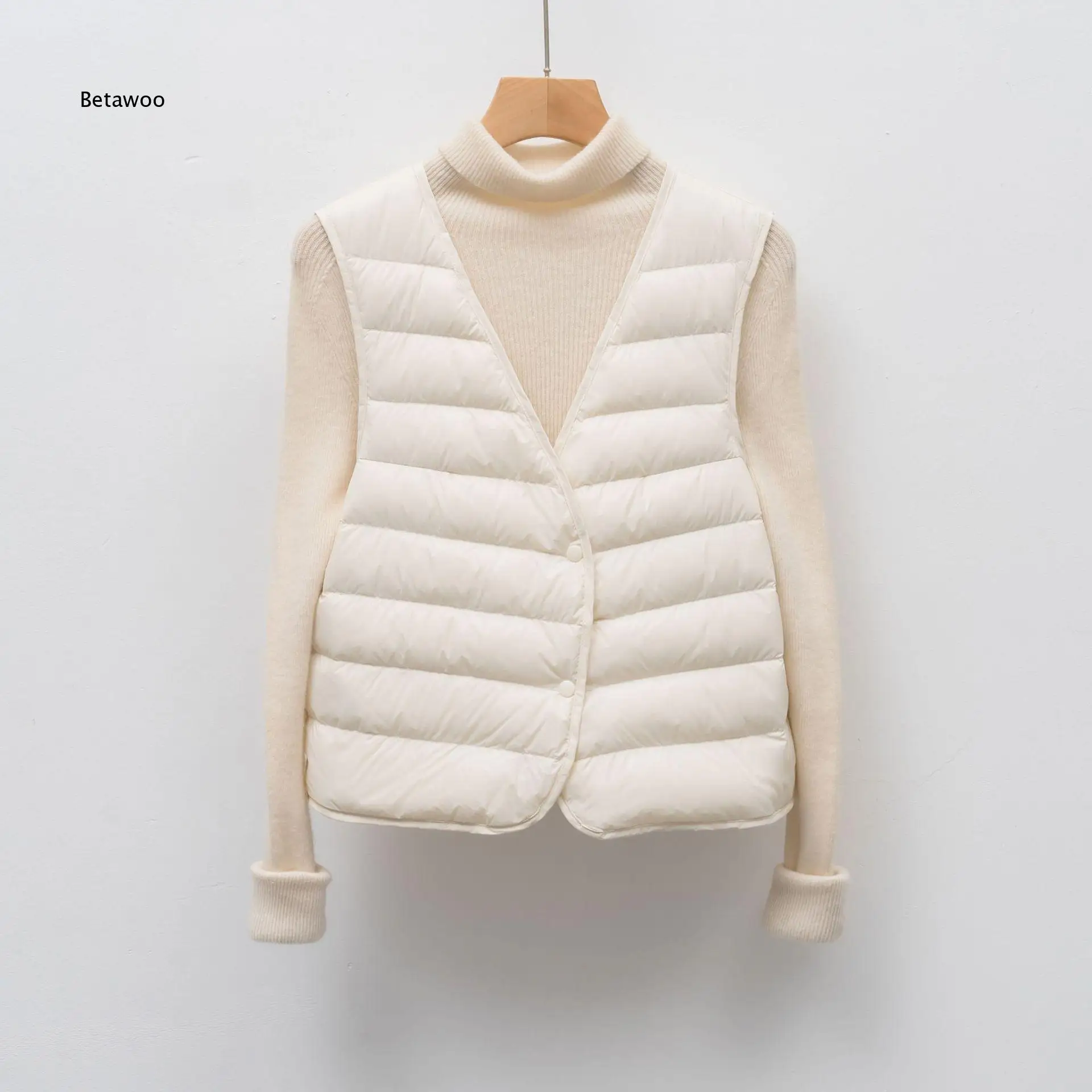 Women V Neck 90 Goose Down Vest Lightweight Horizontal Stripe Simple Inner Wear Waistcoat For Autumn And Winter Daily Outfit