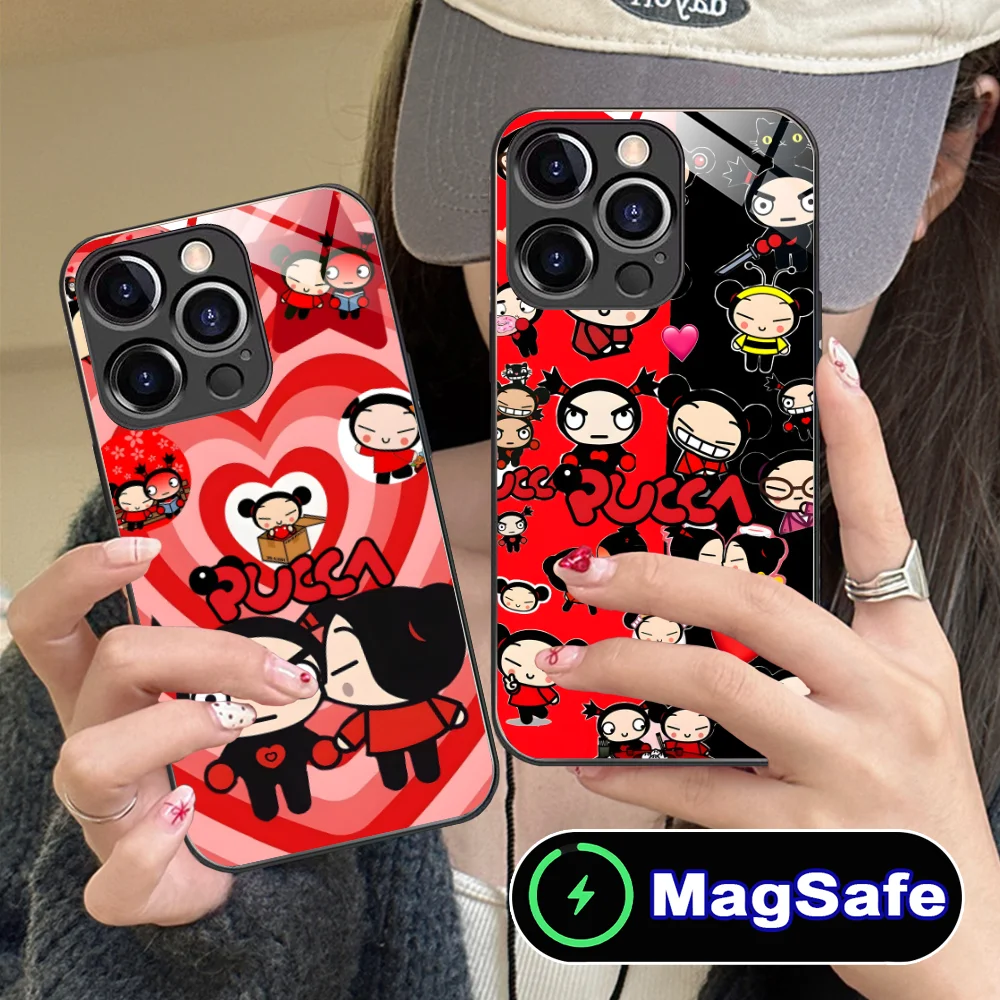 Cartoon P-Pucca Phone Case for iPhone 16 15 14 13 12 11 Pro Max Plus Mini MagSafe Wireless Charging Glass Cover Cellphones