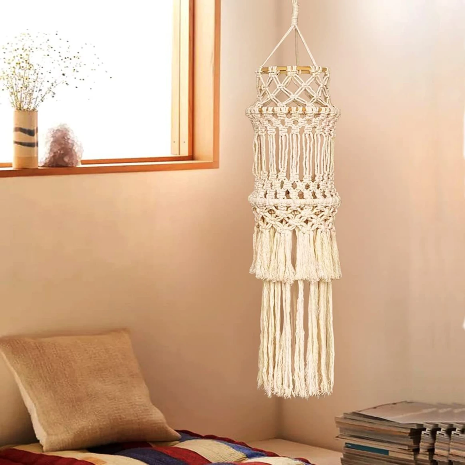Macrame Lampshade Tasseled Tassel Lampshade Boho Light Cover Woven Lamp Shade with Tassels Fringe for Bedroom, Reading Corner