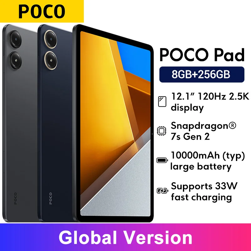 الإصدار العالمي POCO Pad Tablet Snapdragon 7s Gen 2 مكبرات صوت رباعية 12.1 بوصة 120 هرتز 2.5 كيلو عرض 33 وات شحن سريع بطارية 10000 مللي أمبير في الساعة