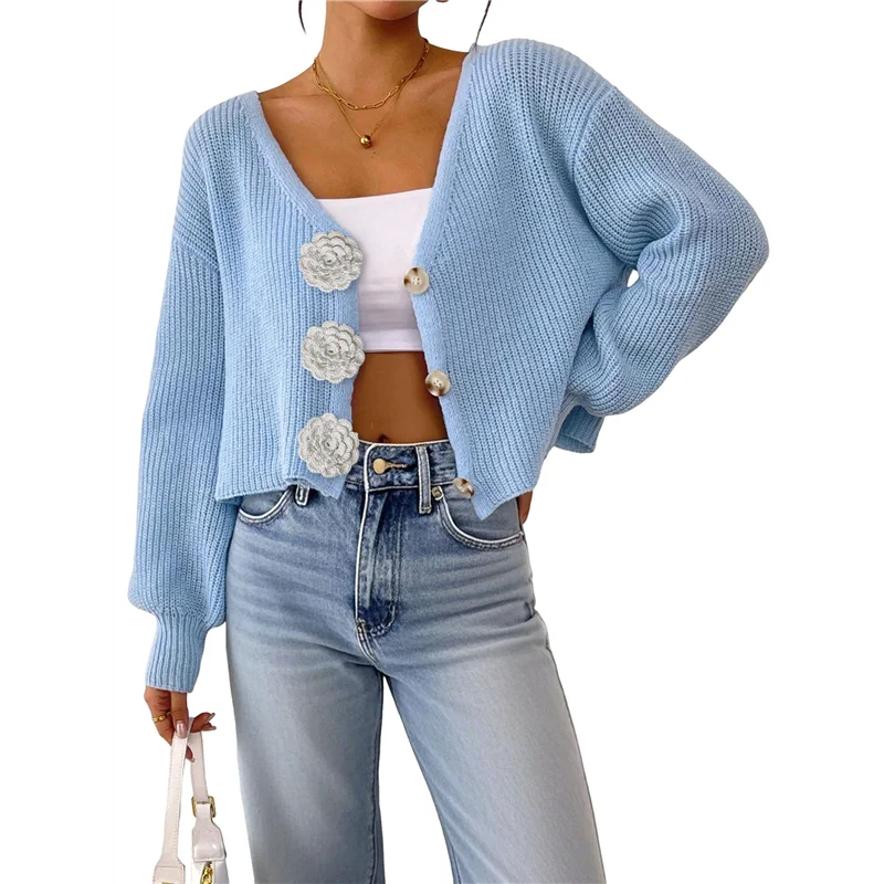 

ABRT-Chic 3D Flower Crop Cardigan Sweaters For Female Fall Loose Open Front Long Sleeve Knitted Cozy Outerwear