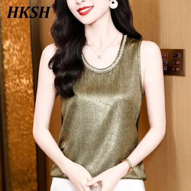 

HKSH 2025 Summer New Women Tide Chic U-neck Versatile Temperament Texture Mesh Splicing Nail Drill Vest Fashion Tank Tops HK4457