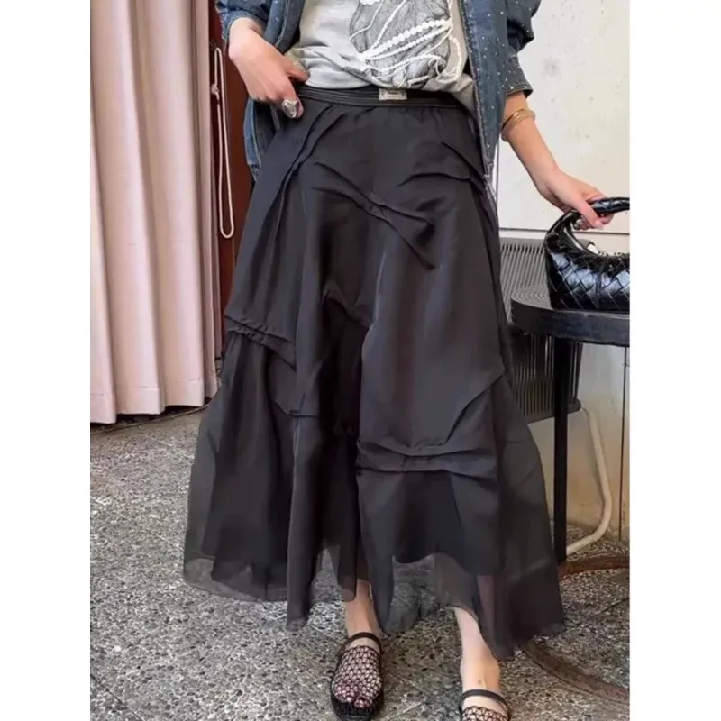Casual Breathable Women's Mesh Skirt Elastic Waist High Waist A-Line Skirt Polyester Fiber Summer Collection 2026