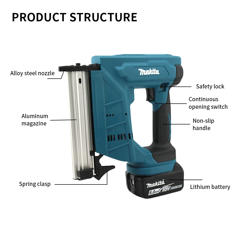 Makita DFN350 Pistola per graffette per rilegatura wireless Pistola sparachiodi pneumatica per la lavorazione del legno senza spazzole Utensile elettrico Batteria da 18 V