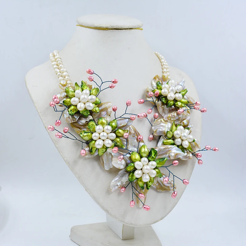 WU-330#  classic Fashion  100% of the natural pearls African Wedding  Flower necklace 20