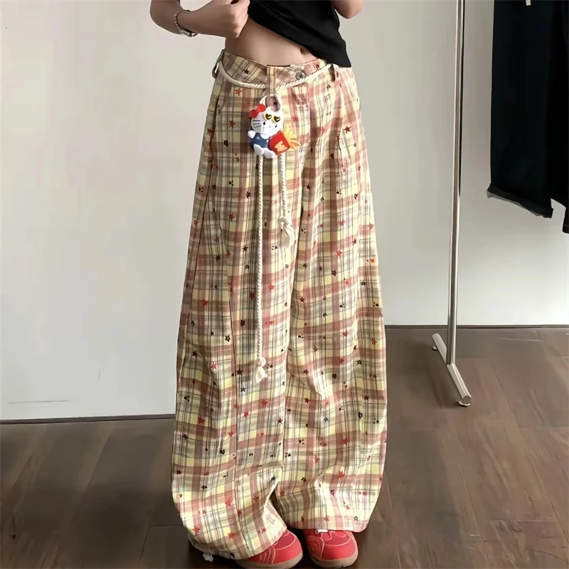 

Internet Celebrity Summer Contrasting Plaid Splicing Pants Casual and Comfortable American Retro Curved Knife Pants Casual Pants