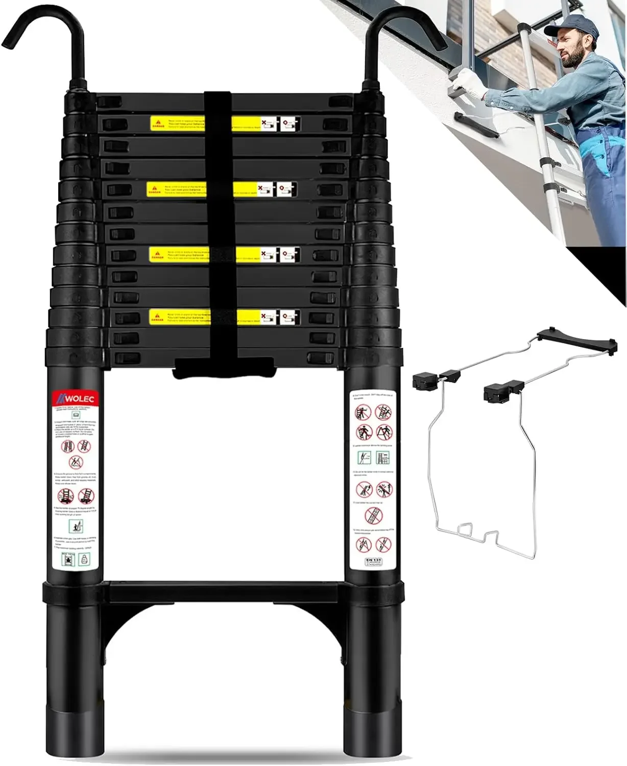 16.5 FT Telescoping Ladder with Stabilizers, Adjustable Multi-Purpose Collapsible Extension with Hooks & Wheels, Heavy Duty