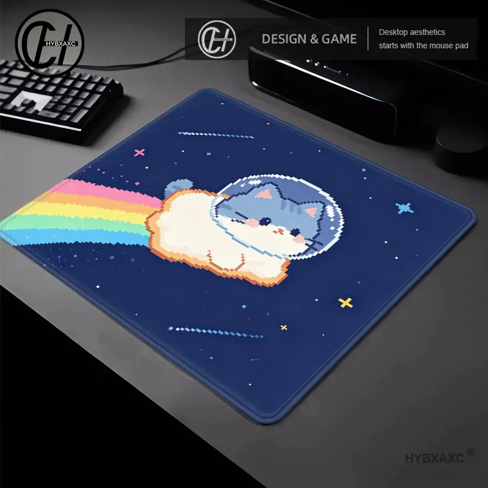 Pixel Space Cat Mouse Pad. Retro Pixel Art Cat Flies In Galaxy With Rainbow Trail. Non Slip Desk Mat For Gaming Office Decor