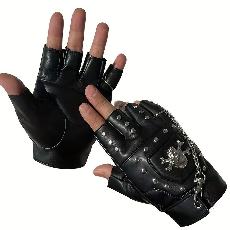 Punk Skull Rivet ถุงมือผู้หญิง Street Dance ผู้ชายแฟชั่นคู่ถุงมือไนท์คลับกันน้ํา PU หนัง Half Finger ถุงมือ