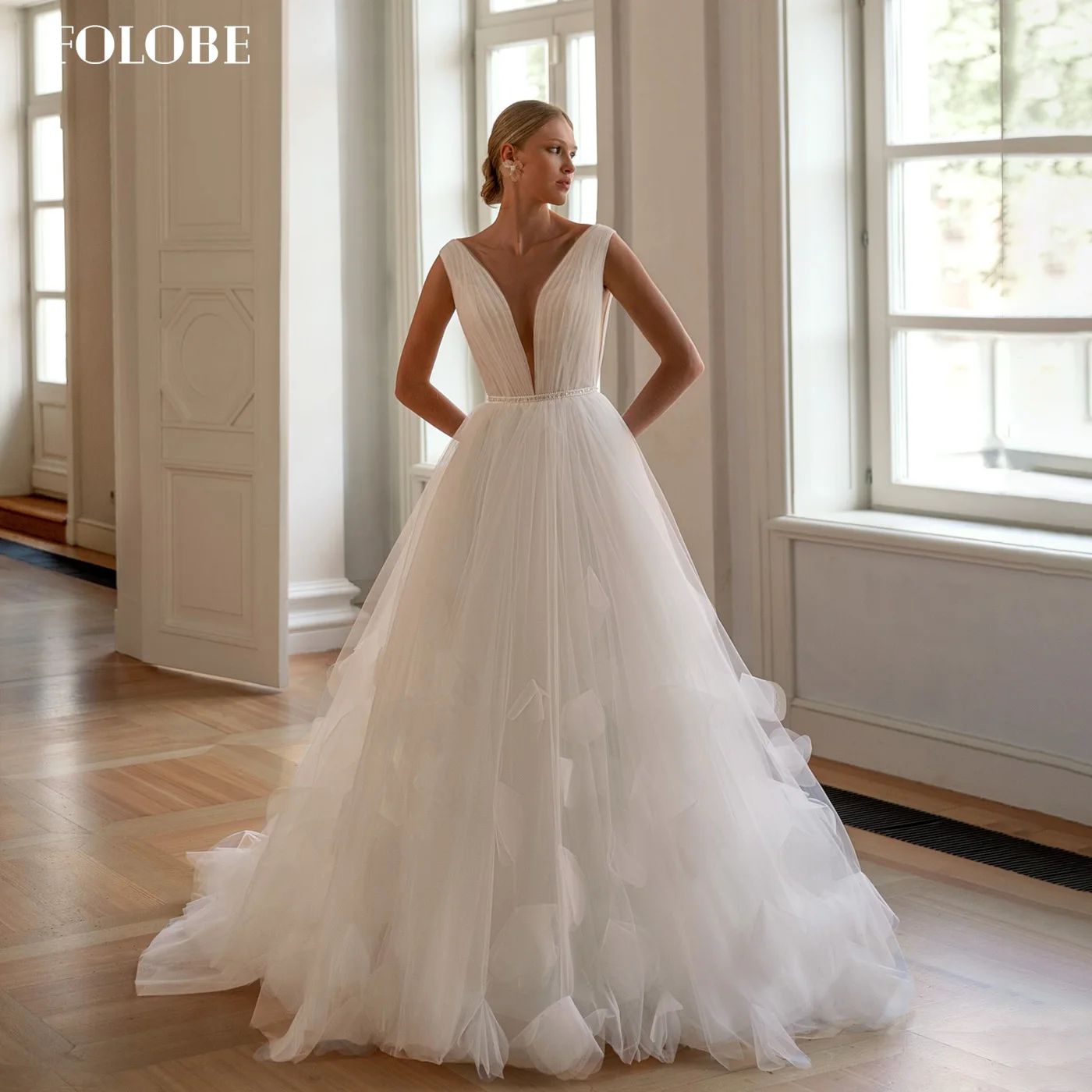 FOLOBE bretelles Tulle robe de mariée col en v balayage sol avec fleurs 3D élégant robe de bal de mariée robes de noche personnalisé