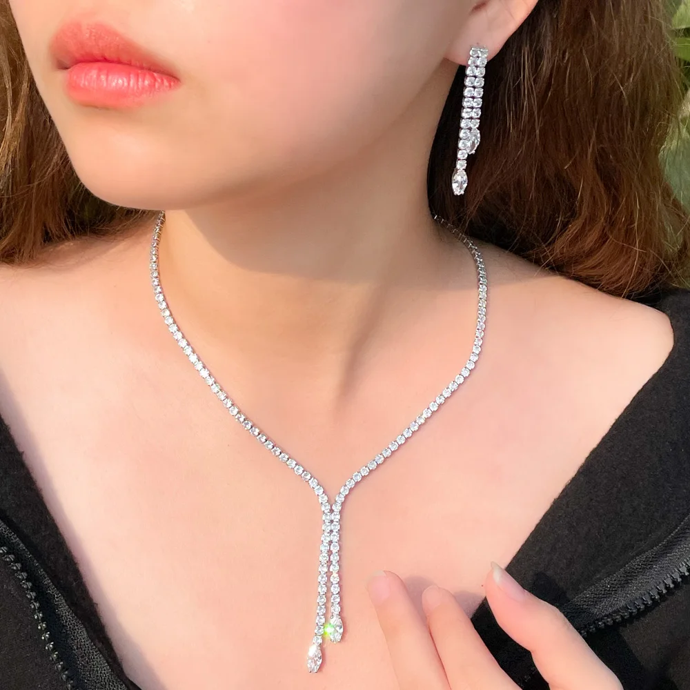 CWWZircons Bling Tassel Drop Cubic Zirconia Paved Women Party Wedding Jewelry Sets Fashion Bridal Necklace and Earrings T625