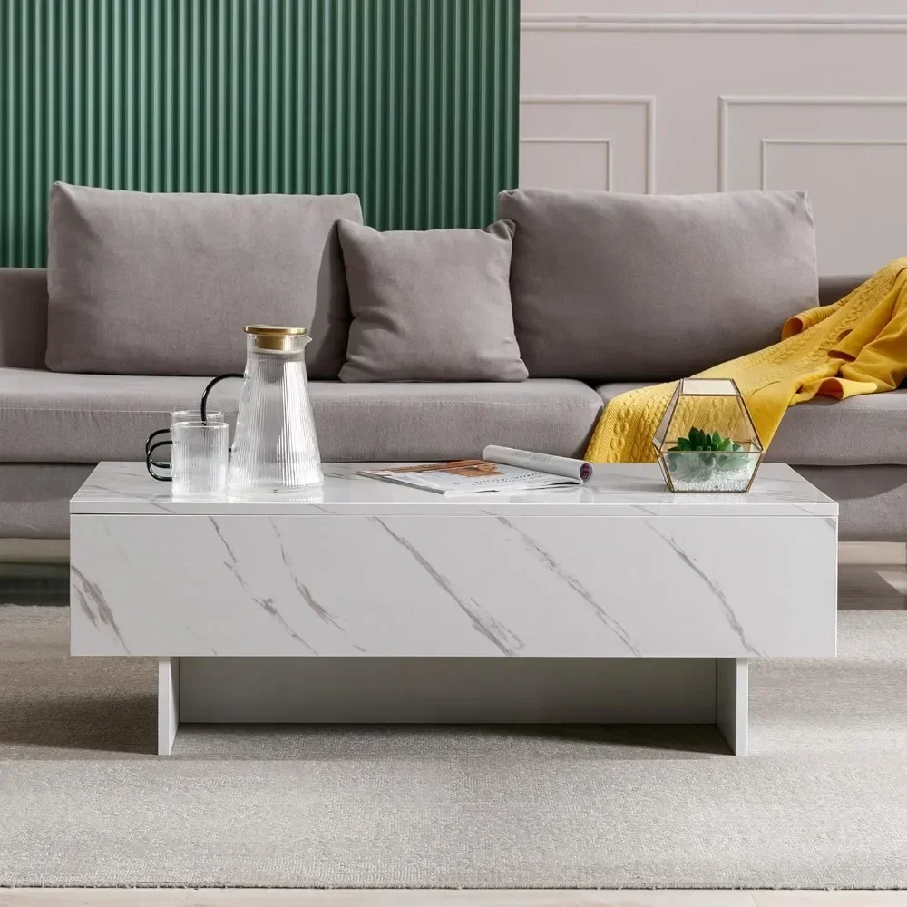 41" Marble White Cool Coffee Table for Living Room,Rectangular Glossy Smart Contemporary Center Table for Waiting Area