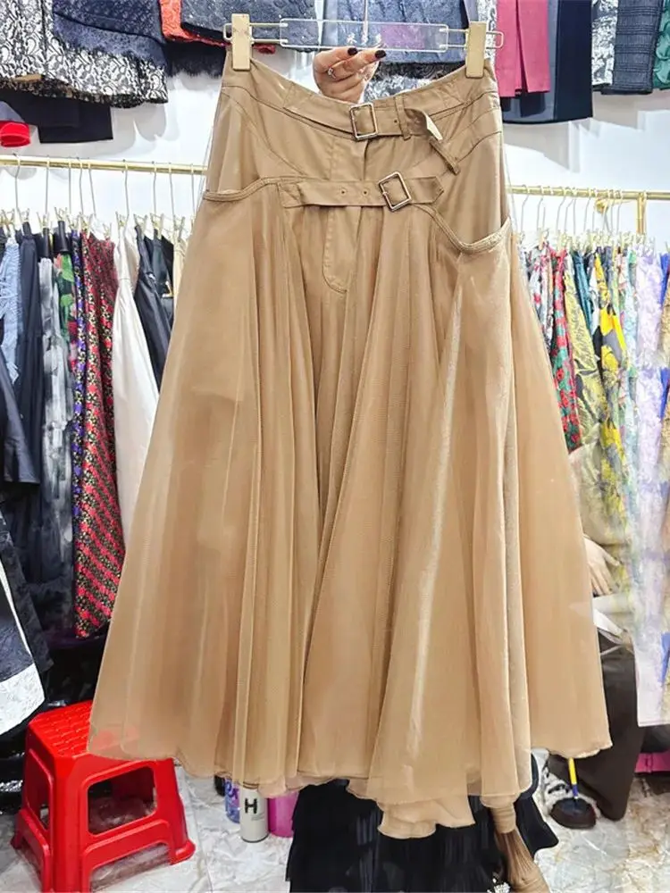 Spring 2024 New Women high waisted khaki half length skirt stylish irregular mesh skirt Office Lady Skirts Y4720