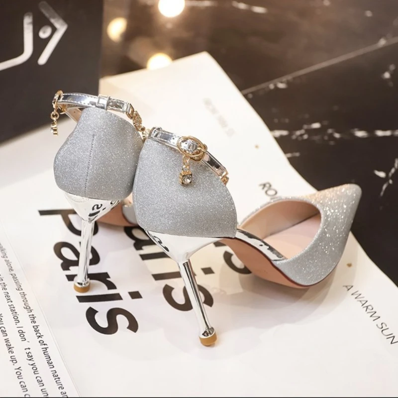 Silver Stiletto High Heel Party Wedding Shoes Women Fashion Ankle Beaded Buckle Pointed Toe Pumps Women Shallow Mouth Pumps view 5