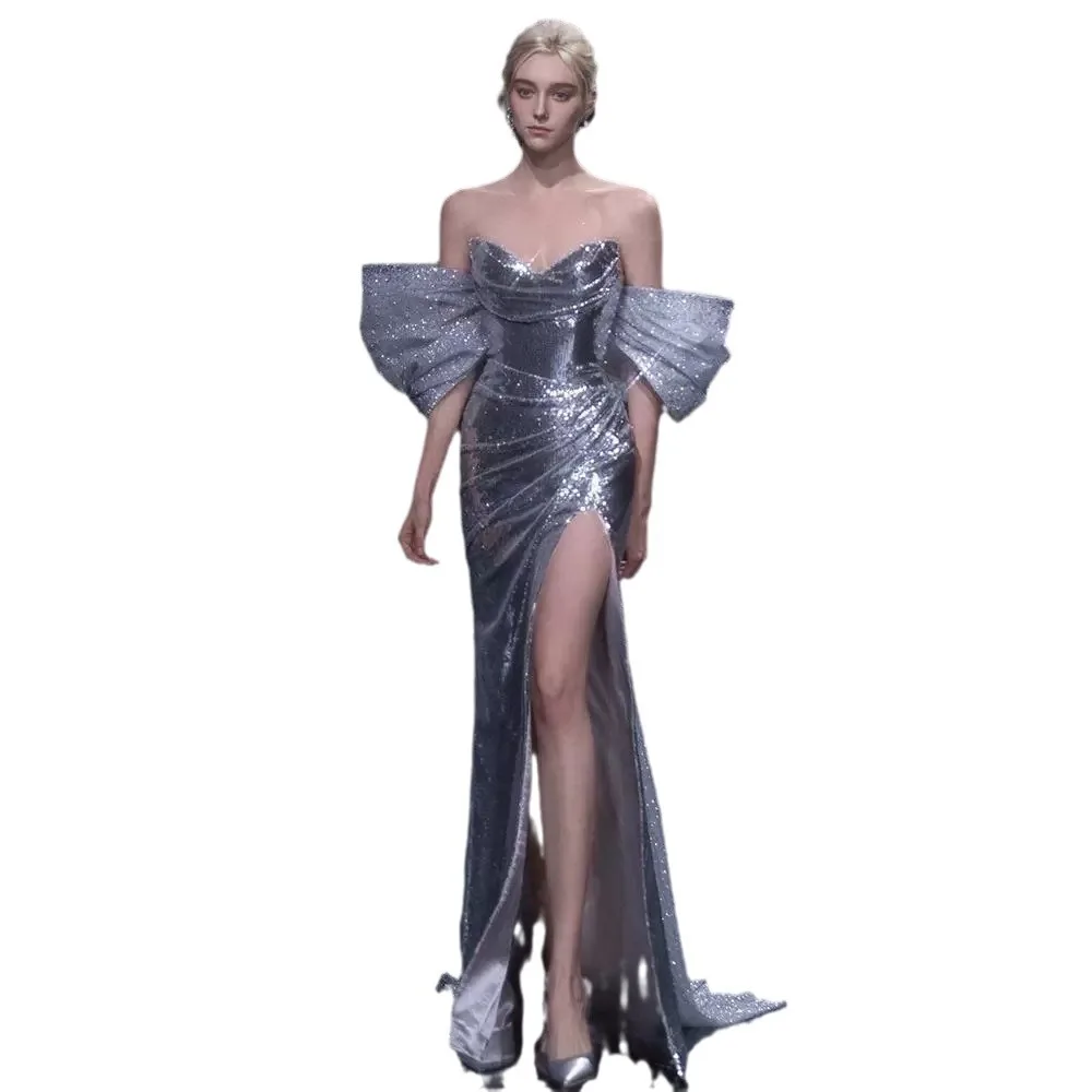 Fishtail evening gown silver sequin toasting dress women feel chest-spread slit niche high-end light luxury annual meeting host