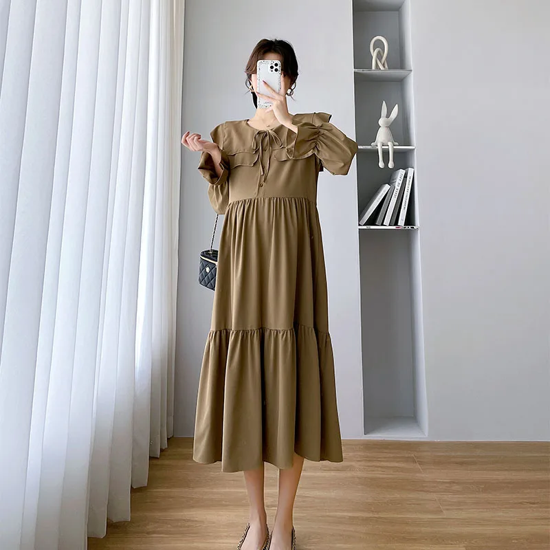 

Preppy Style Peter Pan Collar Long Flare Sleeve Fashion Mayernity A-line Dress Autumn Fashion Pregnant Woman Clothes Loose Dress