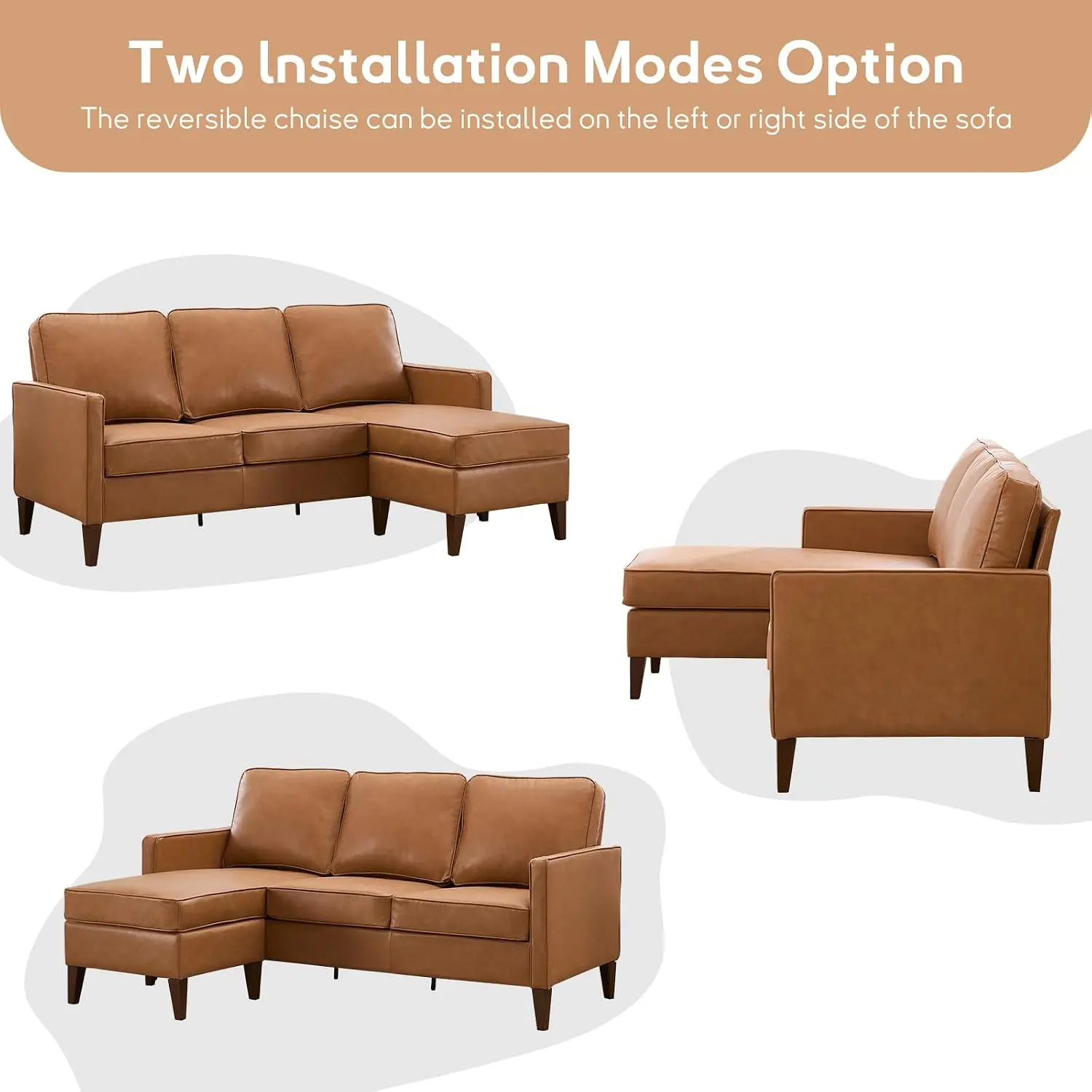 L Shaped Faux Leather Sectional Sofa with Reversible Chaise for Living Room Apartment, Orange, Customized