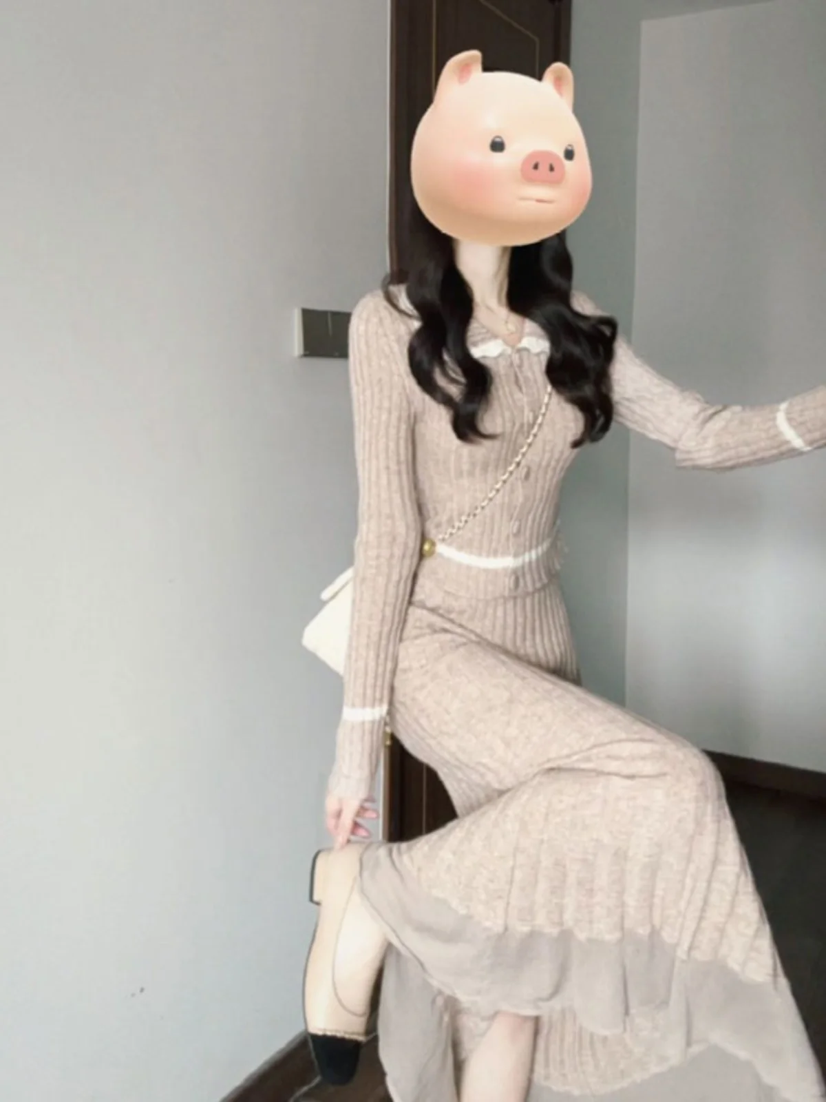 

Korean Style Knitted Shirt And Skirt Set Turn-down Collar Half-length Skirt Two-piece Set Elegant Spring Fashion Women's Clot...