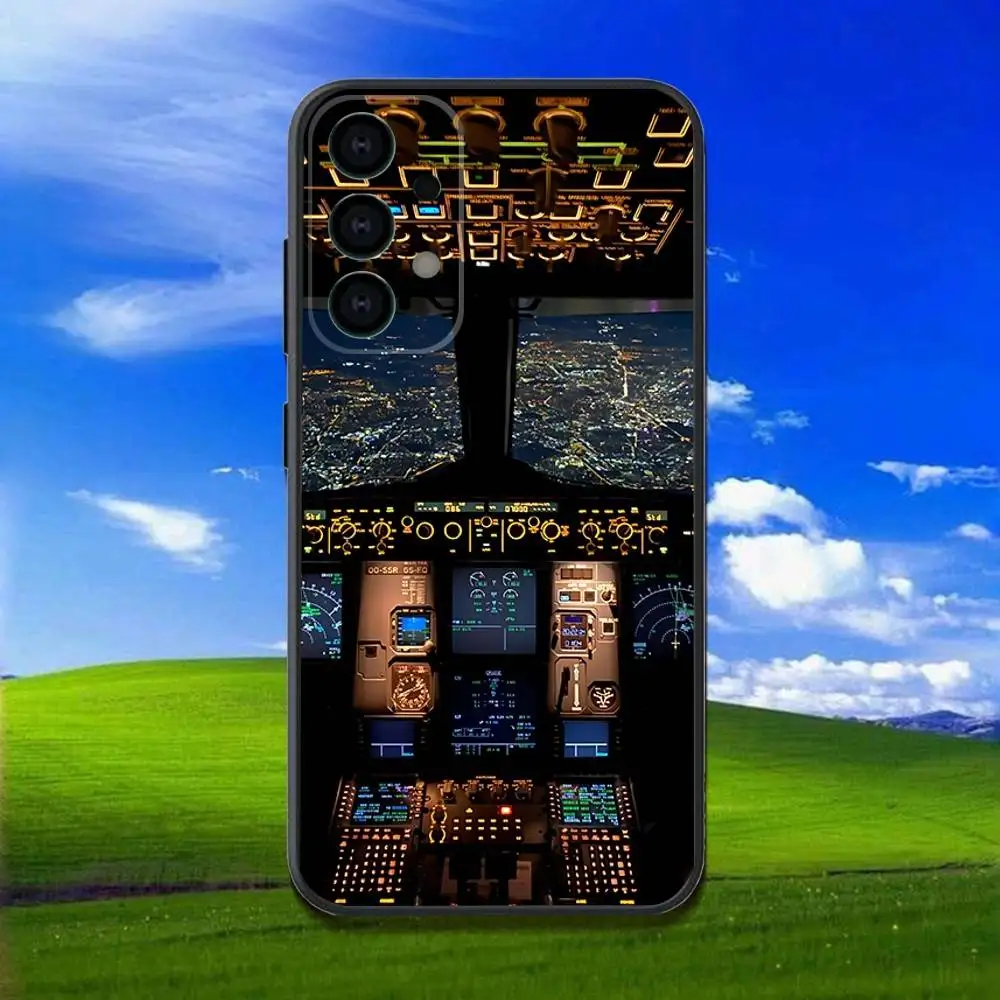 電話ケース サムスンギャラクシー A13、A21s、A22、A31、A32、A52、A53、A71、A80、飛行機パイロットコックピットソフトブラックシェル用