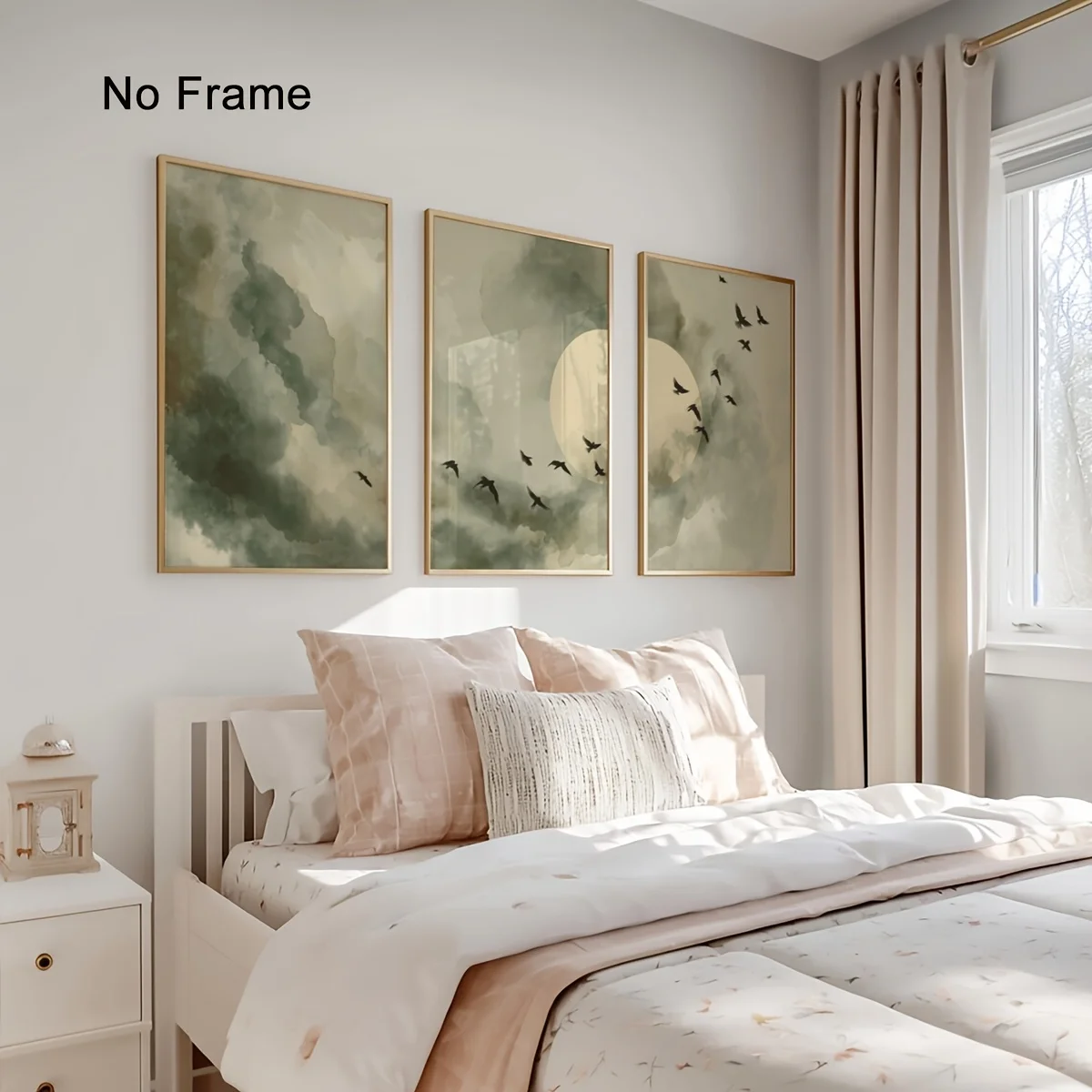 3PCS Frameless,3PCS Japandi Birds Poster Sage Green Minimalist Wall Art Landscape Painting Canvas Paintings For Room Decor Home