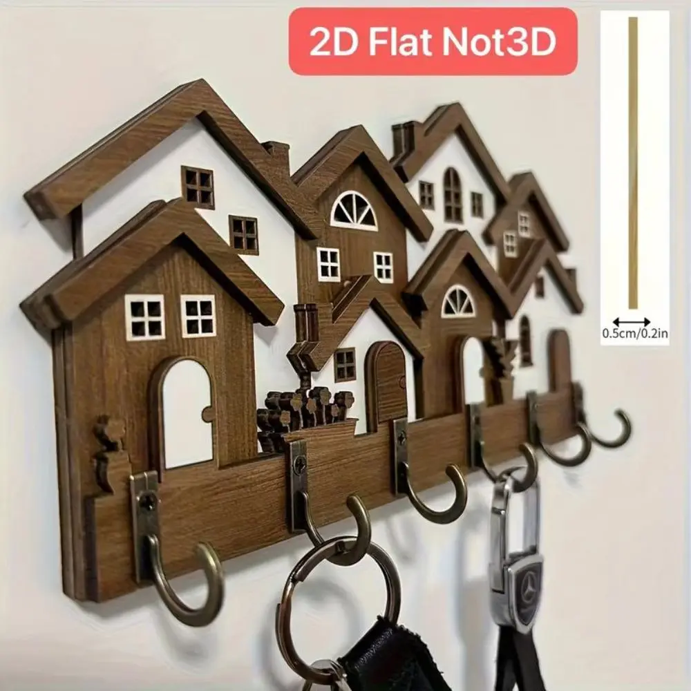 New Wood Wooden Key Holder 2D Flat House Shape House Key Holder Colorful Wall Mounted Wall Key Rack Entryway Organizer