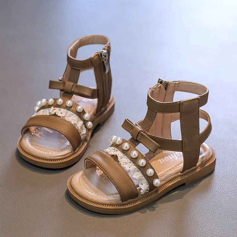 

Children's Sandals Summer Girls' Roman Sandals Fashion Lace Pearl Girl's Princess Sandals Soft Sole Non Slip Casual Beach Shoes