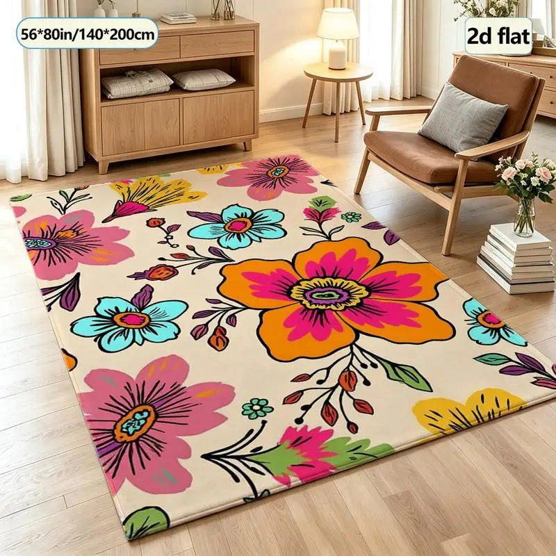 Colorful Boho Floral Art Carpet Flooring, Bright Hand Drawn Flower Area Rug for Living Room Bedroom Home Decor