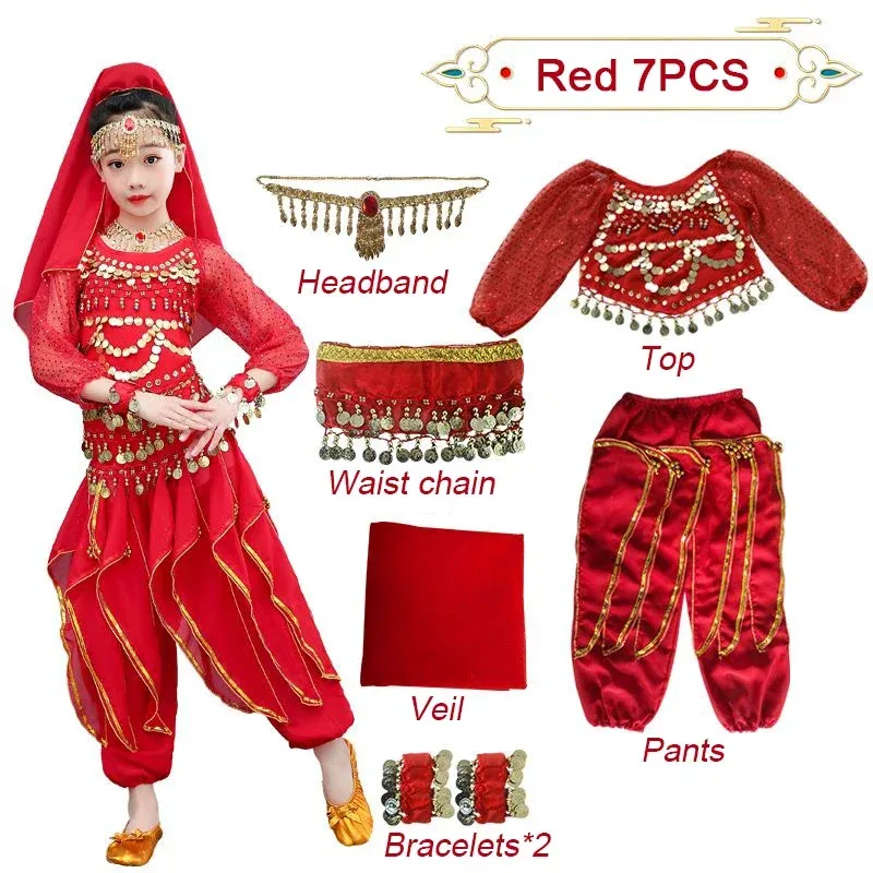 

Новинка, 7 шт., детский костюм для танца живота, комплект для восточного танца, наряд с длинными рукавами для девочек, индийская одежда для танца живота, детский танец живота2025