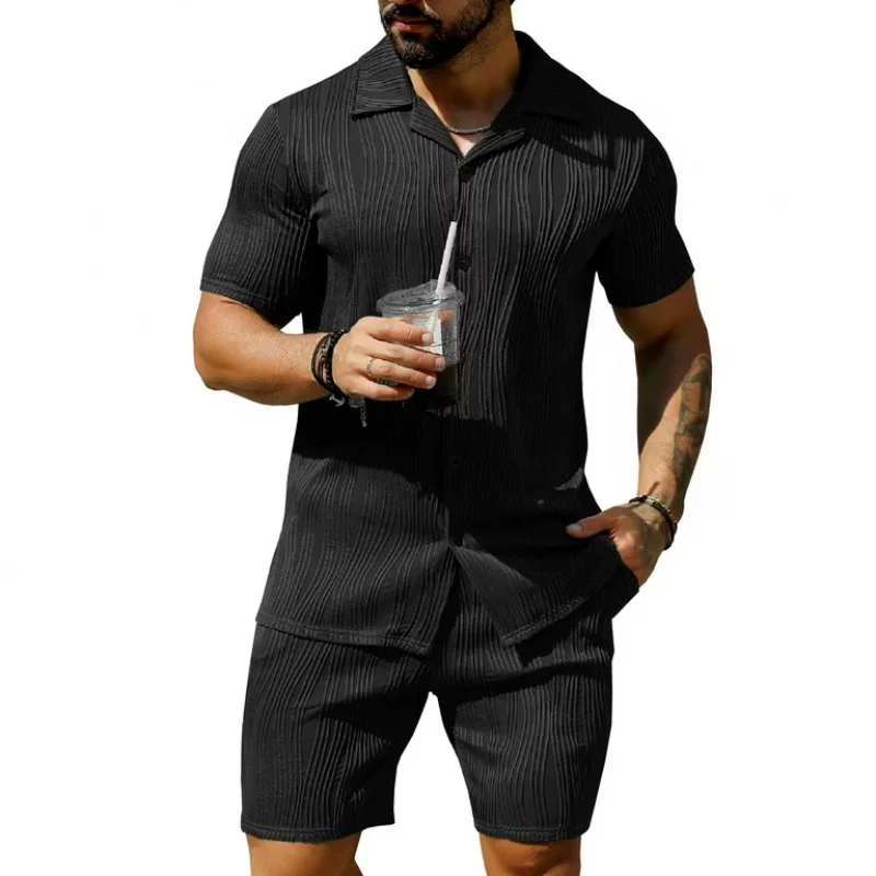 

insNew Amazon Men's Wave Pattern Casual Breathable Solid Color Short Sleeve Shirt and Shorts Set