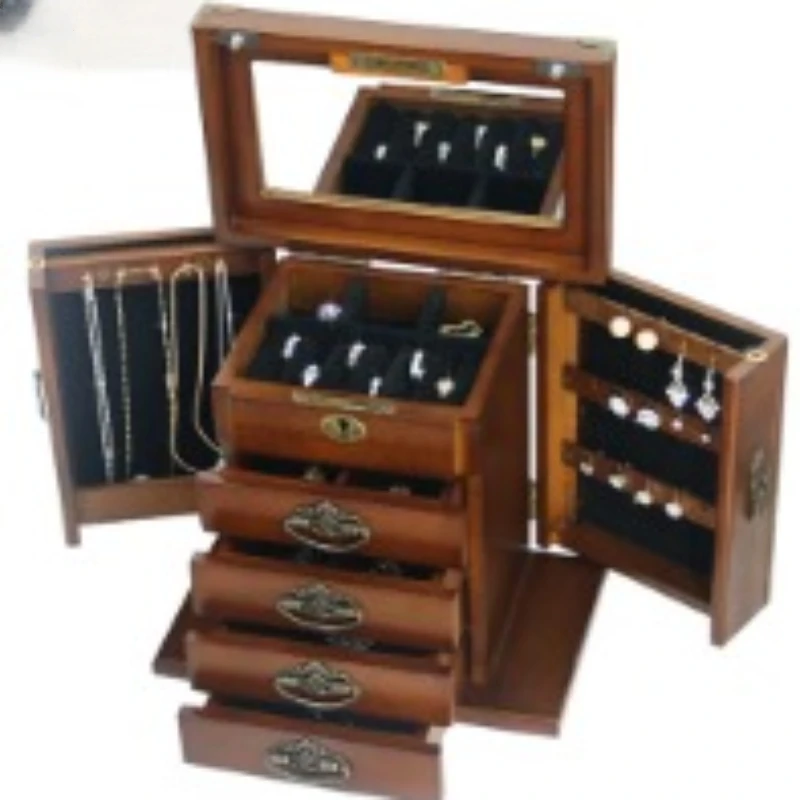 Wood Jewelry Box Velvet Drawer Ring Necklace Bangles Jewelry Boxes Organizer Earrings Display Tray Women Accessories Storage
