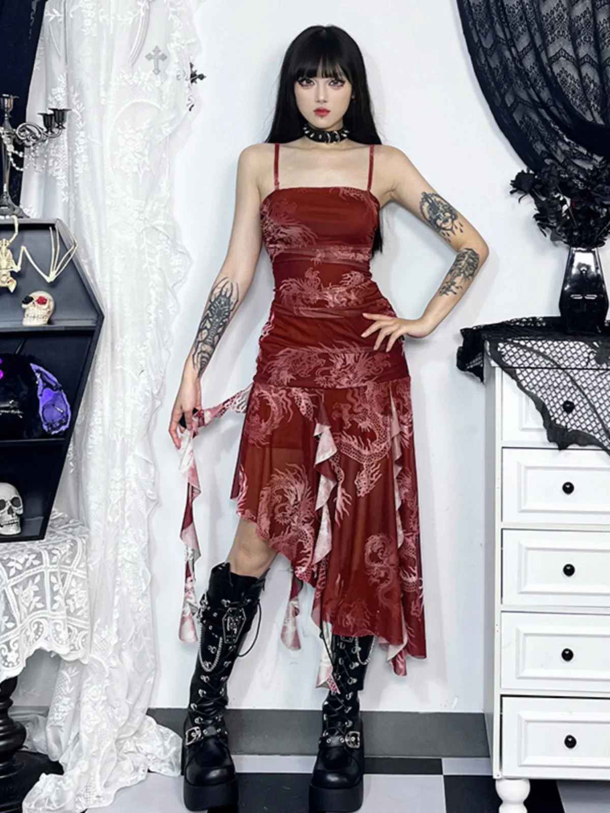 Gothic Abi New Chinese Red Dress Christmas Wear Suspender Dress Exotic Dress Women