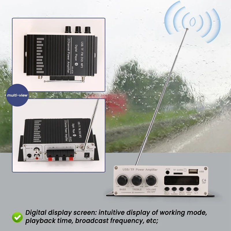 12V Digital Audio Power Amplifier Bluetooth 5.0 HIFI Treble And Bass Audio AMP 20Wx2 For Home Theater Club Car Party