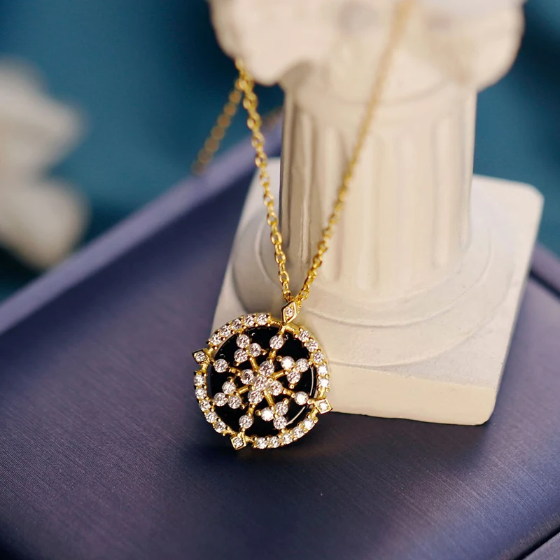 Exquisite Necklace Women Accessory S925 Sterling Silver Black Agate Vintage Compass Natural Gemstone Vermeil Chain NI045