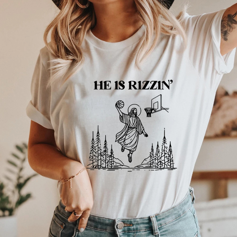 He Is Risen Funny Easter T-shirt Retro Jesus Playing Basketball Shirt Retro Y2K Christian Faith Tee Unisex Christian Easter Tops