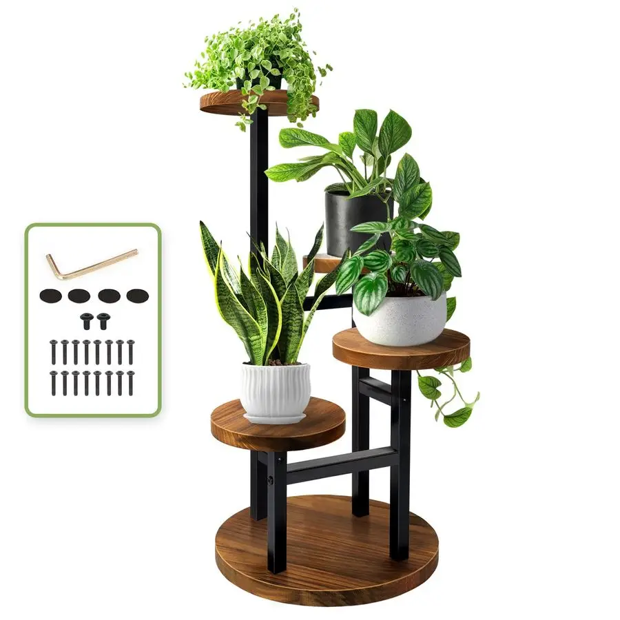 

4 Tier Corner Plant Stand, Tall Metal Wood Plant Shelf Holder for Indoor, Outdoor Display Rack Flower Pot Stand for Living Room