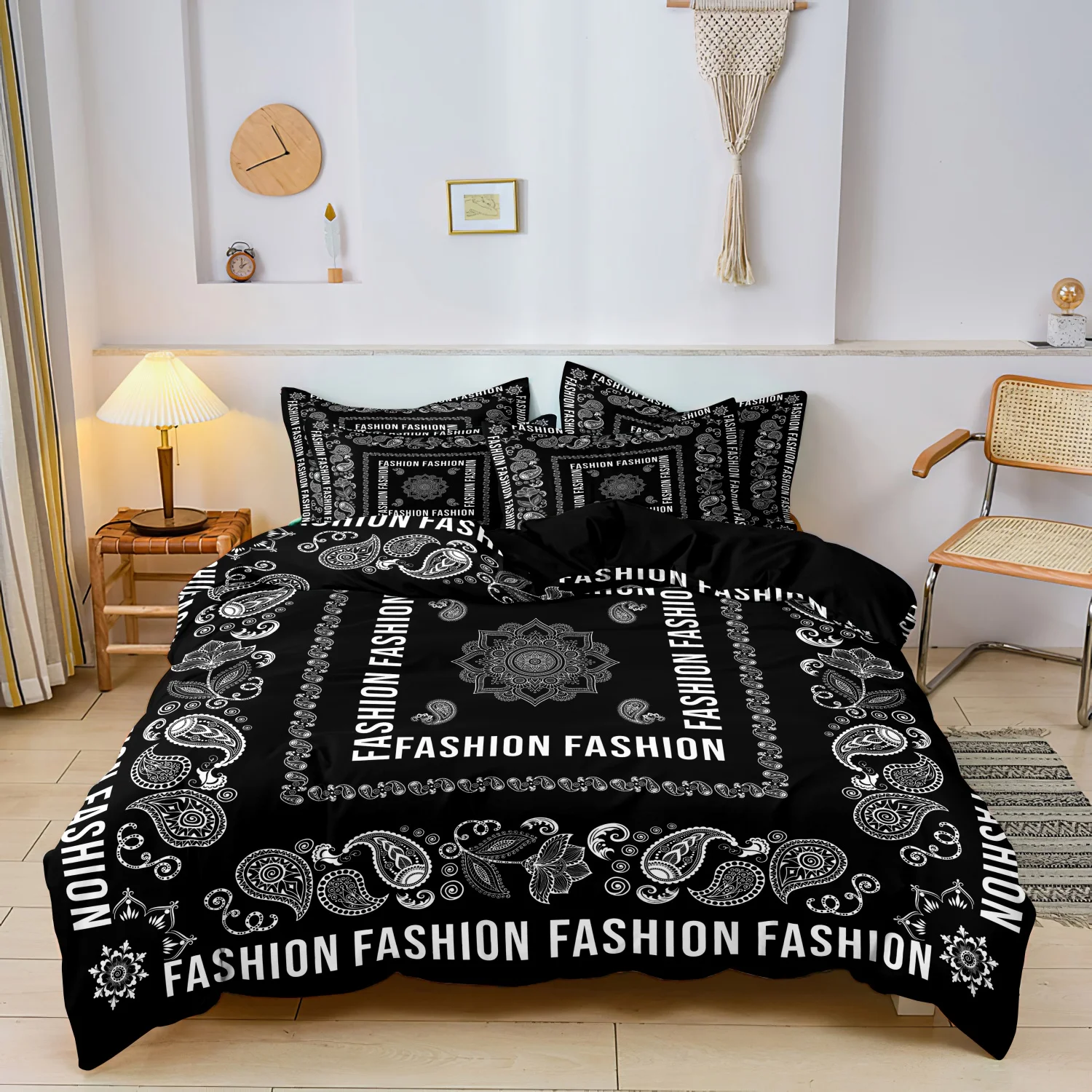 3Pcs Black White Paisley Fashion Letter Print Duvet Cover Set, Vintage Square Floral Text Print Bedding,Multiple Sizes Available