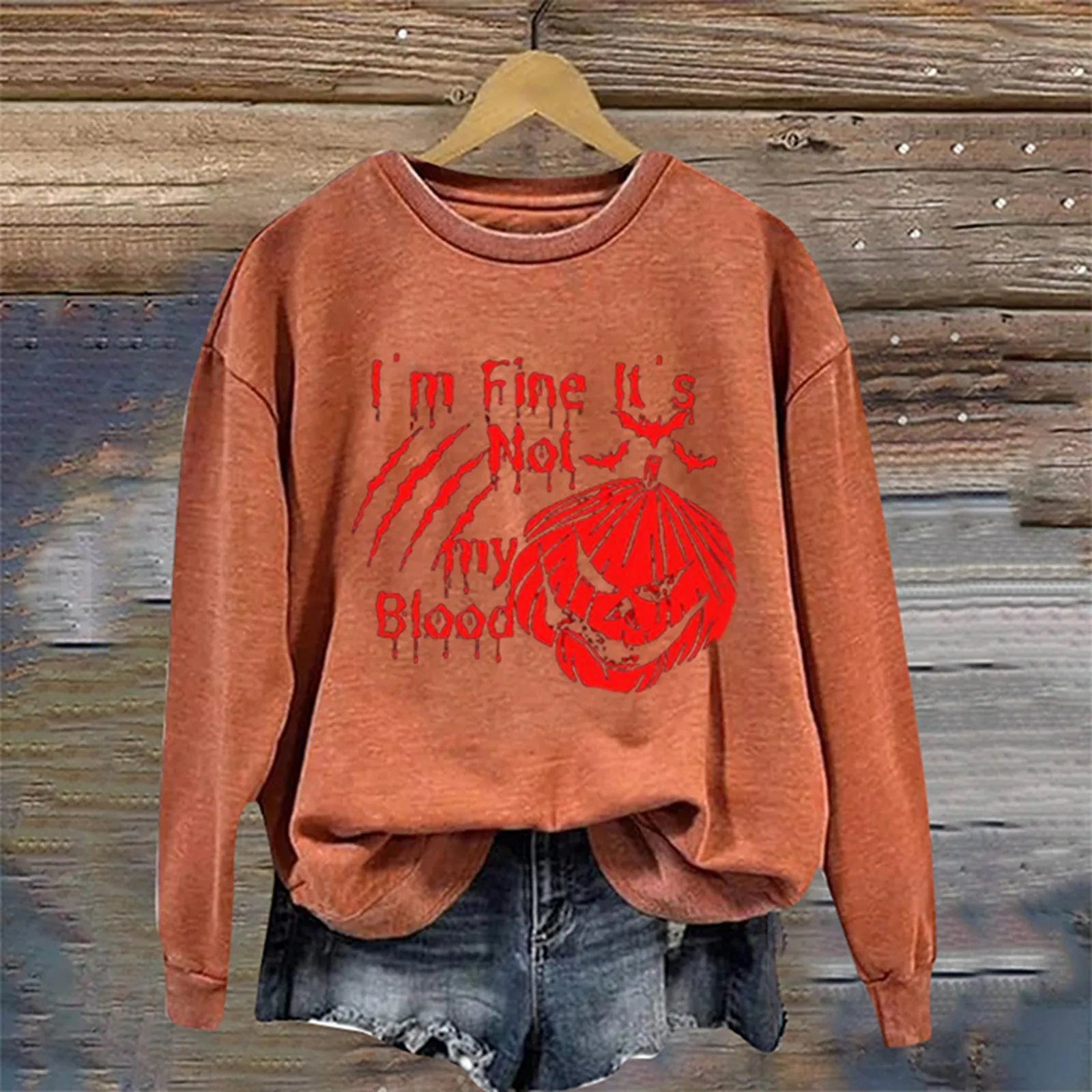 

I'm Fine It's Not My Blood. Fun Alphabet Pumpkin Print Ladies Halloween Hoodie Crew-Neck Long-Sleeved Pullover Sweatshirt