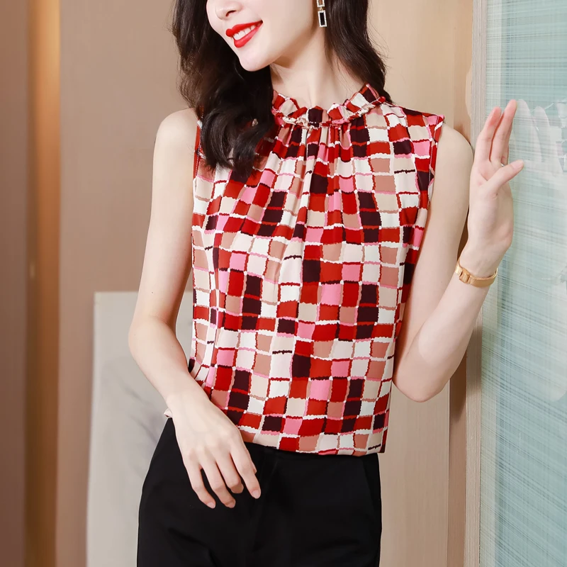 2023 Spring Summer Tops For Women New Fashion Chiffon Blouse Casual Sleeveless Floral Printed Shirt