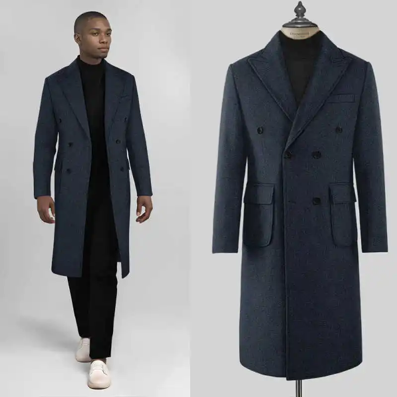 

Classic Men's Double Breasted Long Wool Blend Coat Peaked Lapel Autumn Winter Business Occasion Customized Jacket One Piece