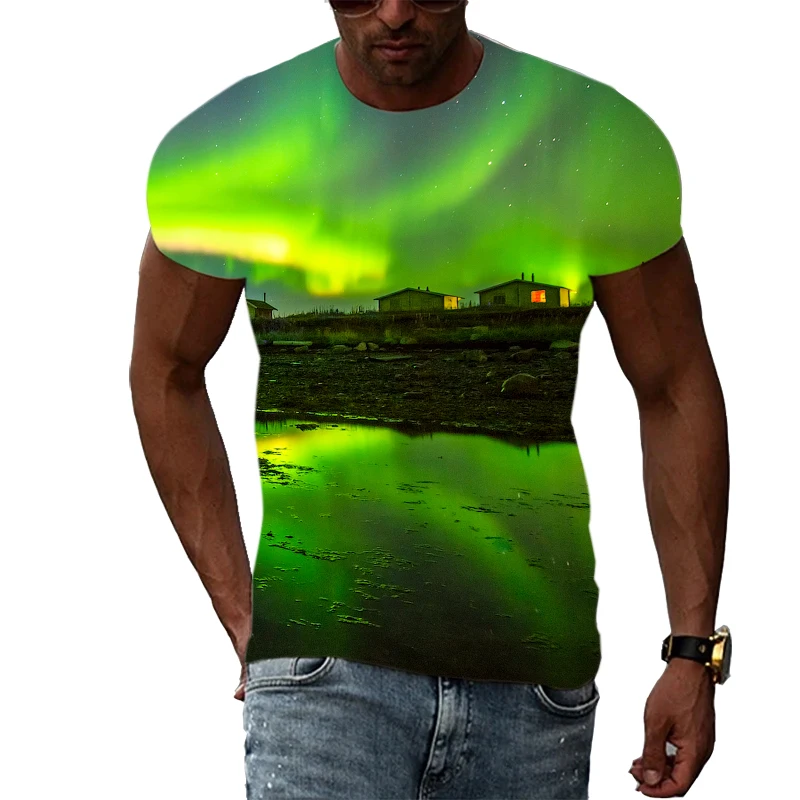 Summer Trend Men Print Aurora graphic t shirts 3D Fashion Casual Personality Natural landscape Pattern short sleeve T-shirts