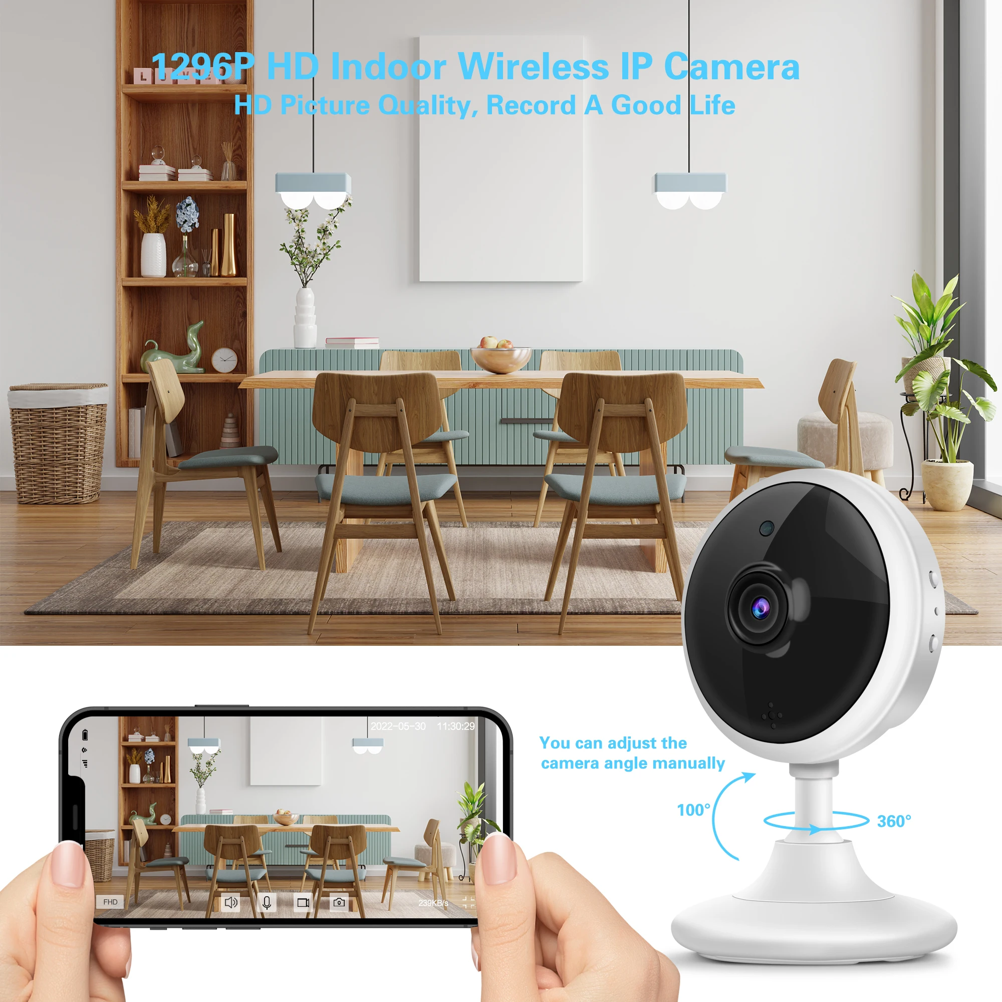 Cámara de seguridad IP inteligente, cámara de vigilancia interior Wifi con Audio bidireccional, detección de movimiento, visión nocturna