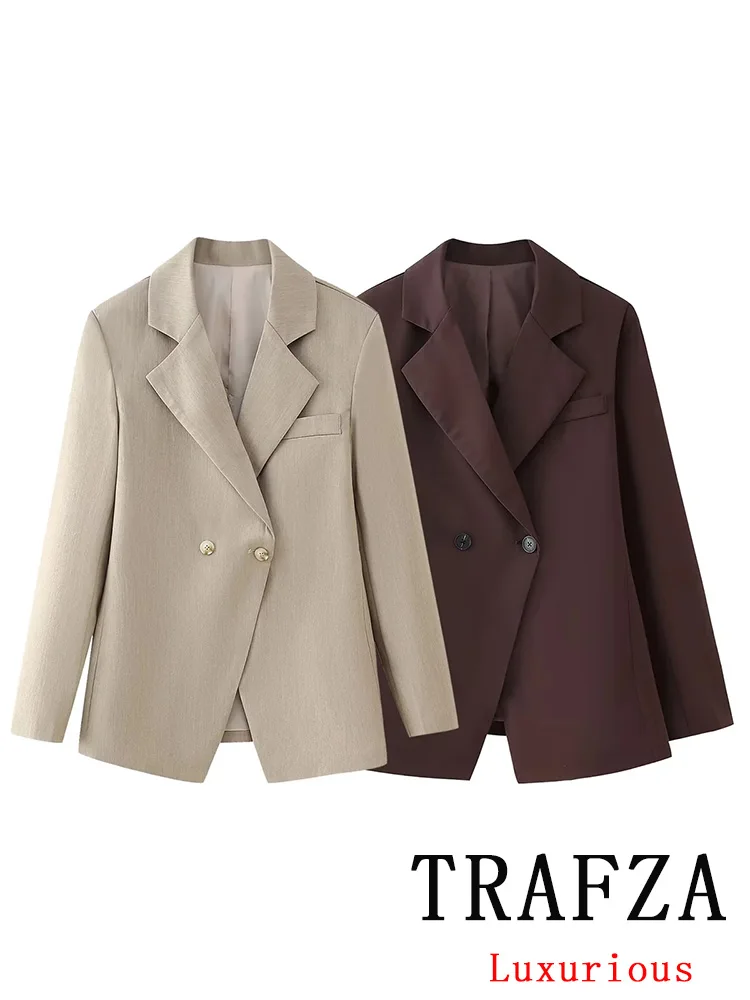 TRAFZA Vintage Chic Women Blazer Solid V Neck Single Button Long Sleeve Blazer Fashion 2024 Autumn Winter Office Lady Blazers