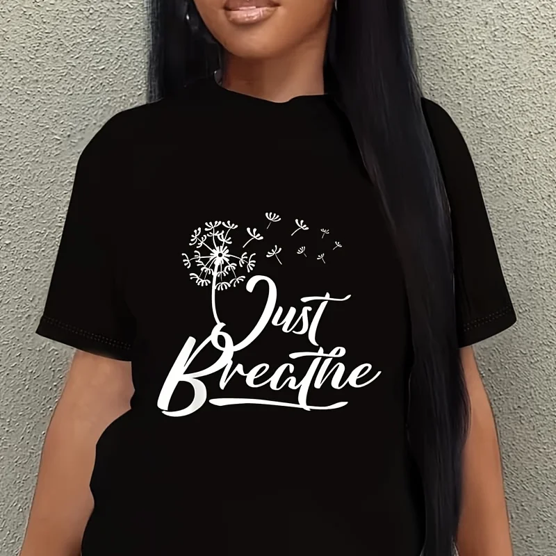 Just Breathe Yoga Meditation Mindfulness Dandelion Wind Women's Plus Size T-Shirt 100% Cotton 220g