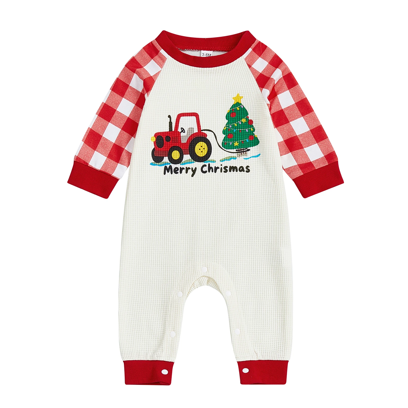 

Baby Boy Christmas Romper Plaid Long Sleeve Round Neck Tree Car Pattern Full Length Jumpsuit